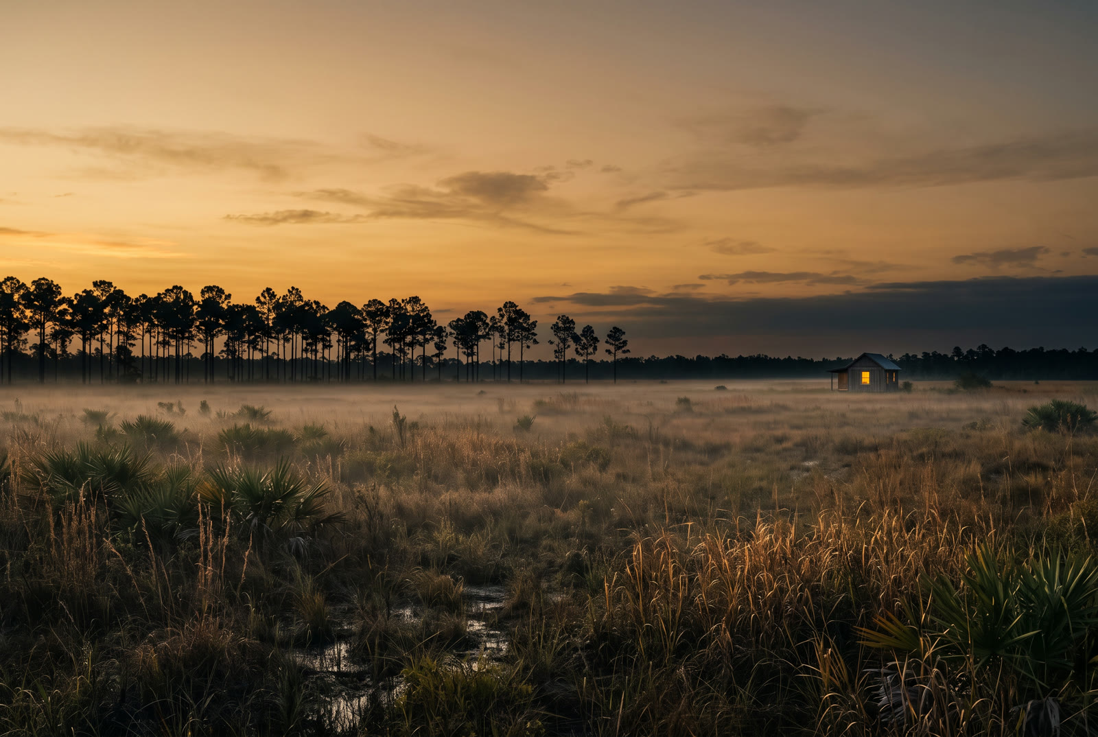 Open Florida land at dusk with a small cottage in the distance, illustrative